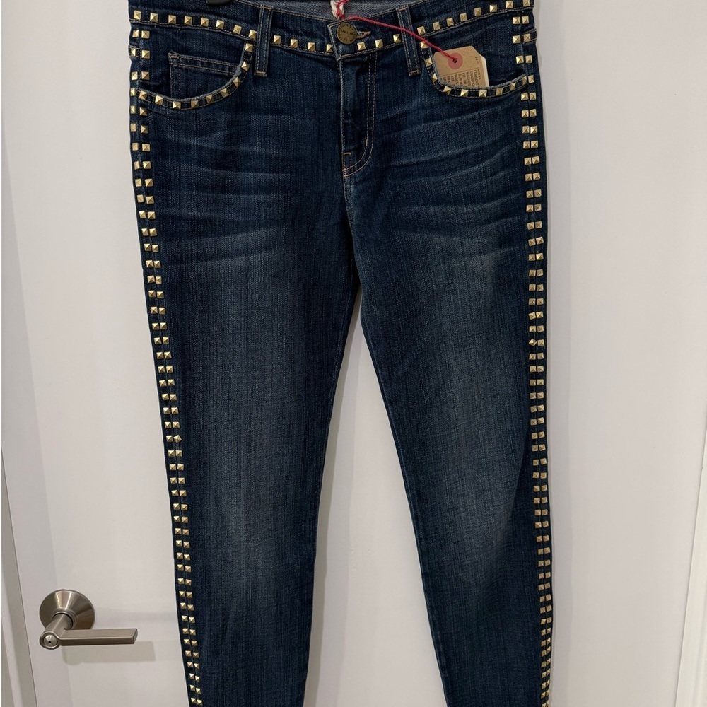 Current/Elliott Gold Studded Dark Blue Skinny Jeans